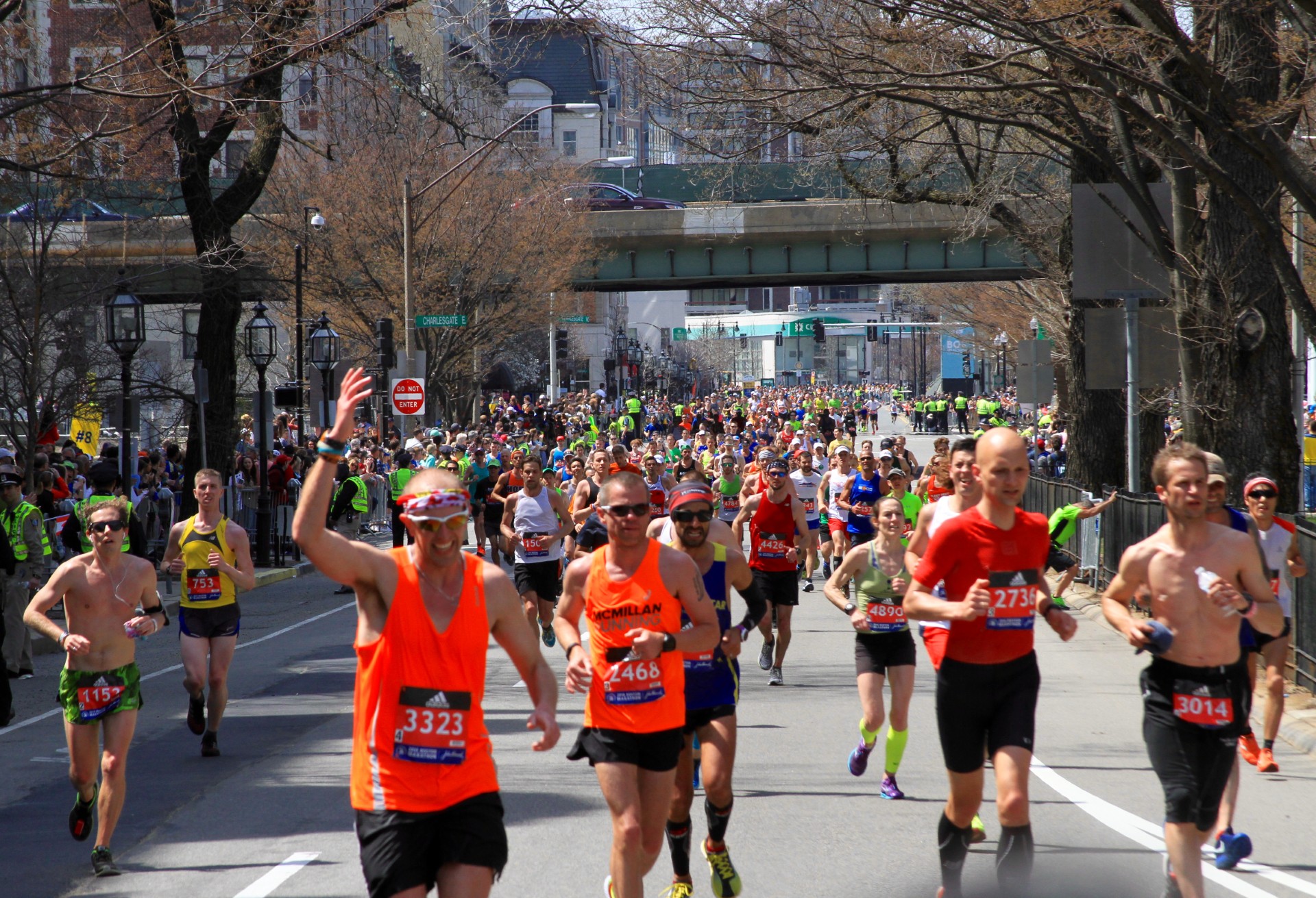 Boston Marathon runners along Boylston Street