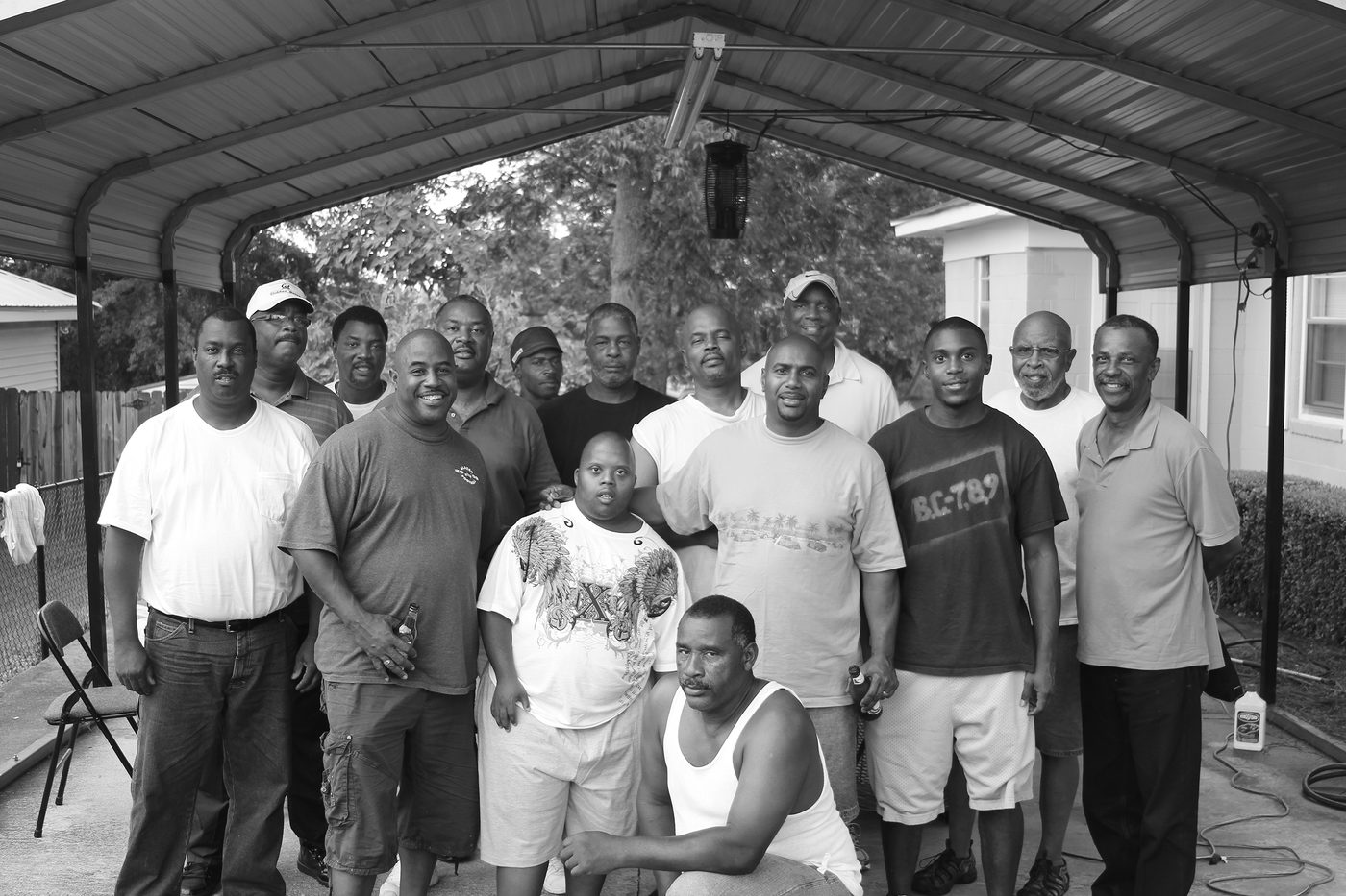 Family reunion group portrait under a pavilion