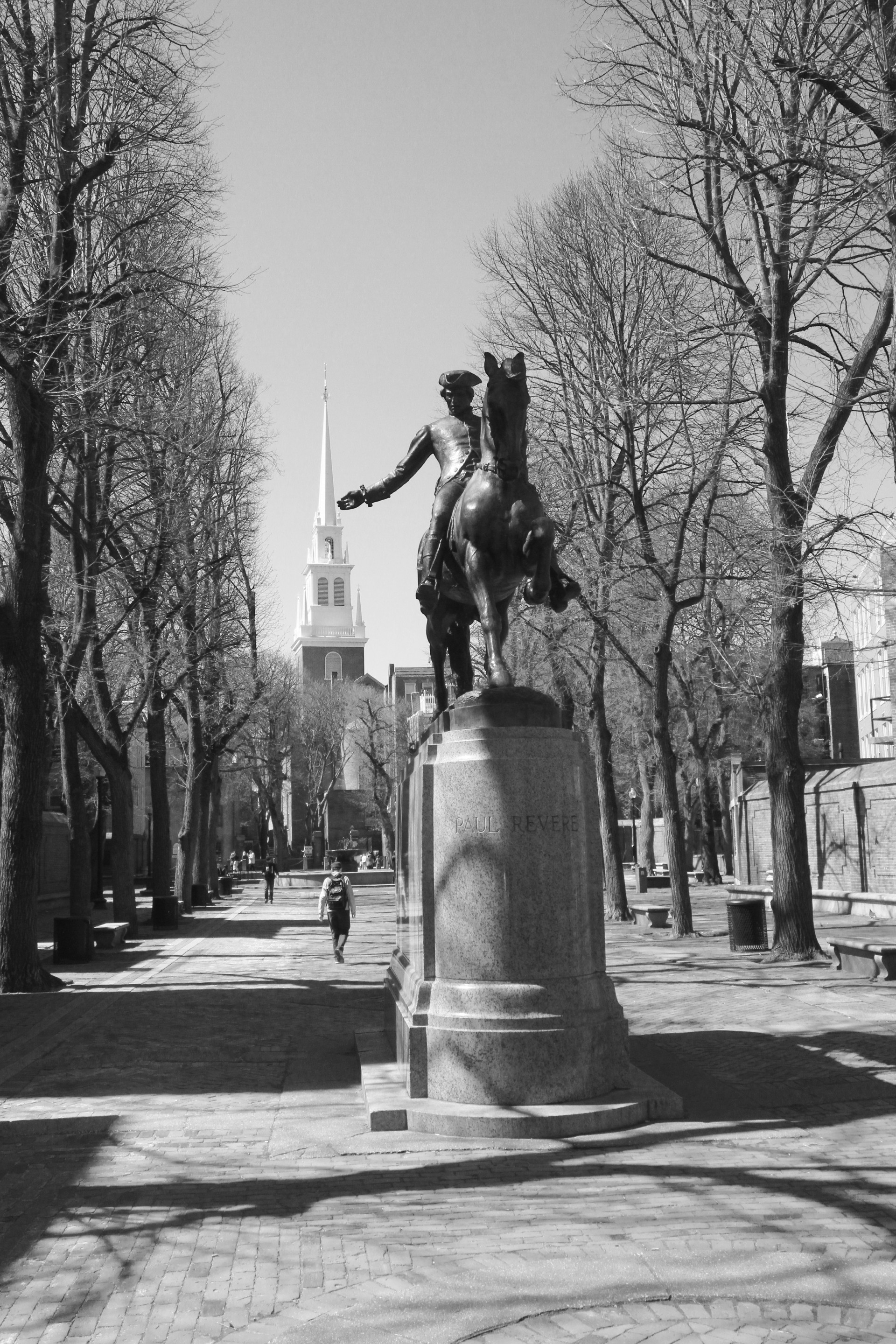 Paul Revere statue with Old North Church in background, Boston